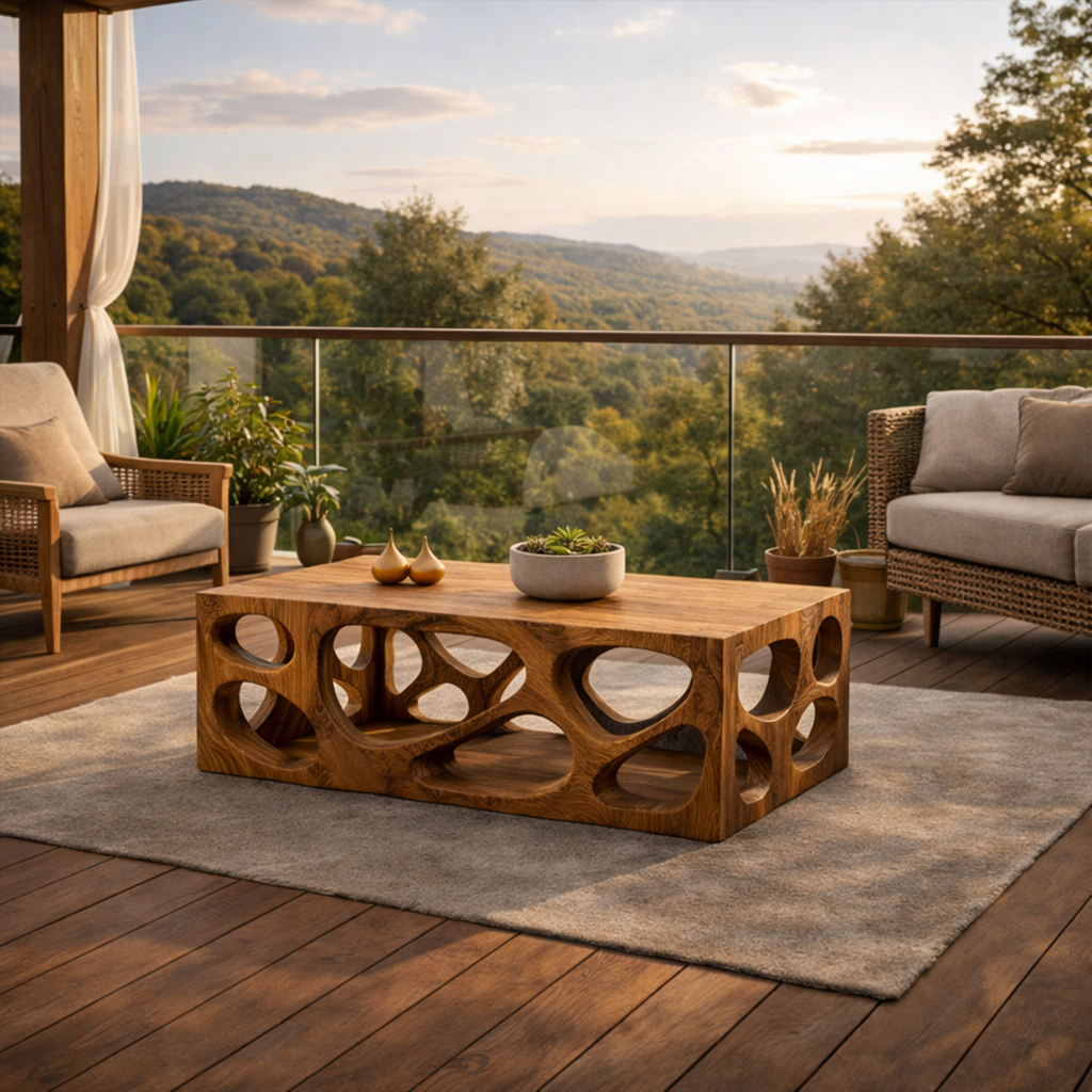 Architectural Carved Solid Wood Coffee Table Organic Void Design Statement Living Room