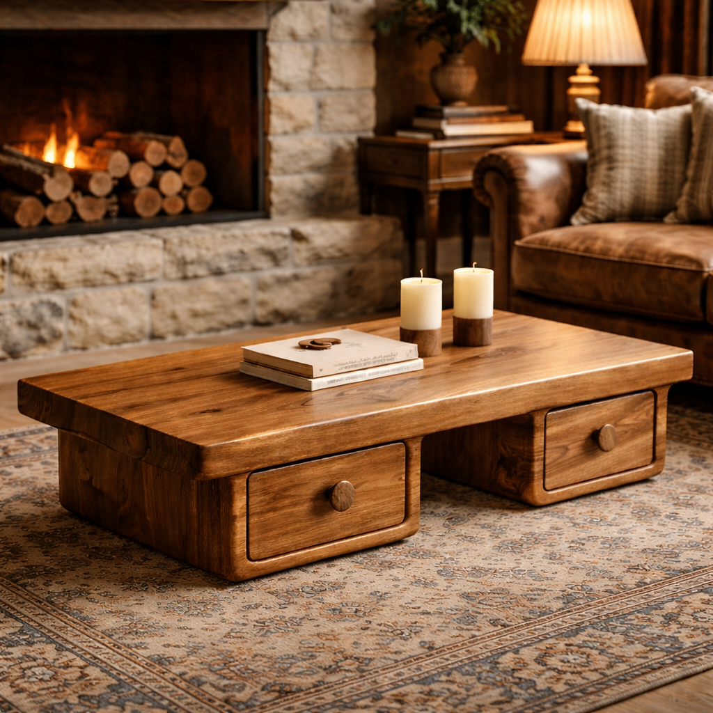 Compact Storage Solid Wood Coffee Table Cozy Living Room Interior