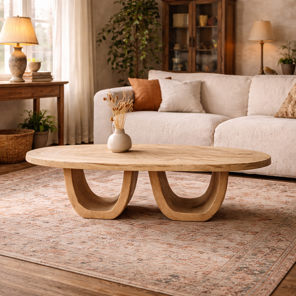 Elegant Oval Solid Wood Coffee Table Sculptural Twin Base Calm Modern Living Room Interior