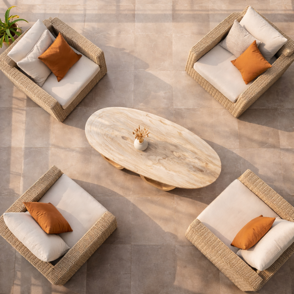 Elegant Oval Solid Wood Coffee Table Sculptural Twin Base Calm Modern Living Room Interior - view 4