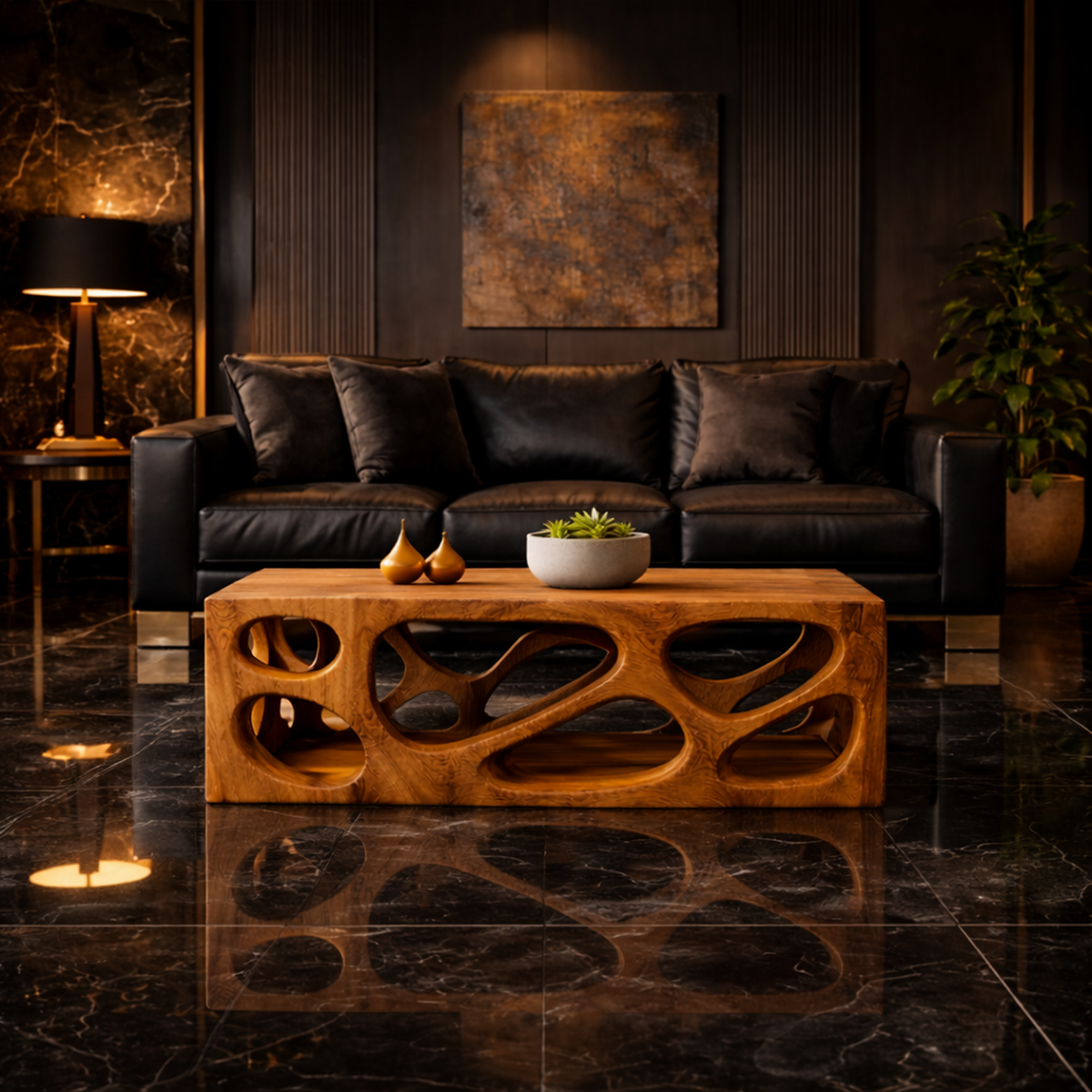 Architectural Carved Solid Wood Coffee Table Organic Void Design Statement Living Room - view 4