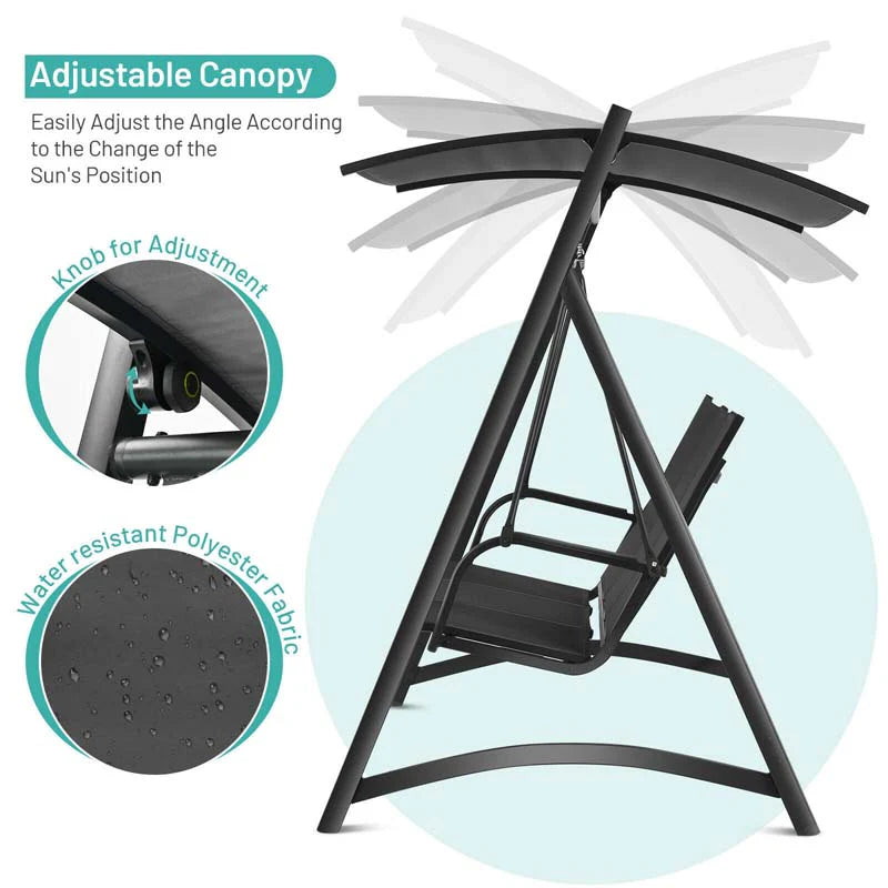 3-Person Aluminum Outdoor Patio Porch Swing Chair Bench Glider With Adjustable Canopy - Gray