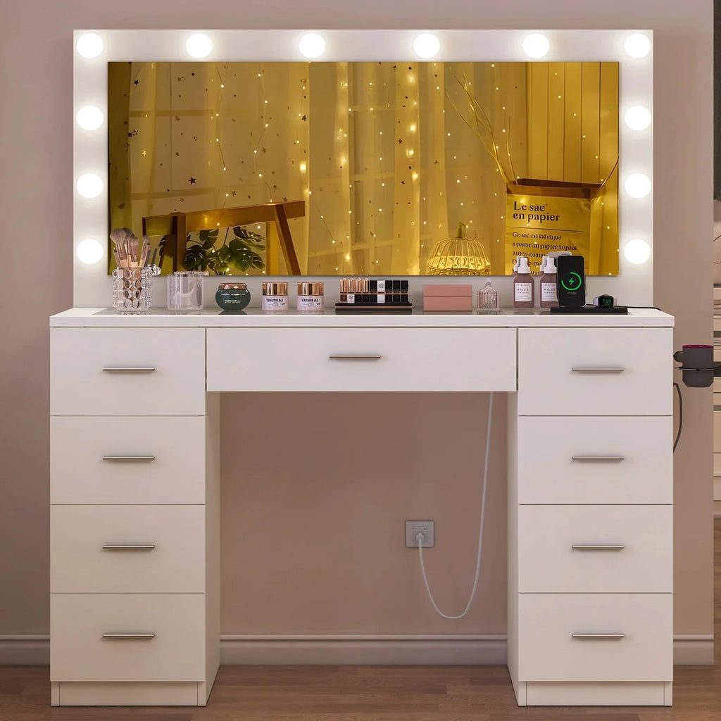 TEENFON Vanity Desk With Large Lighted Mirror, 46 in, 9 Drawers, Glass Desktop, White