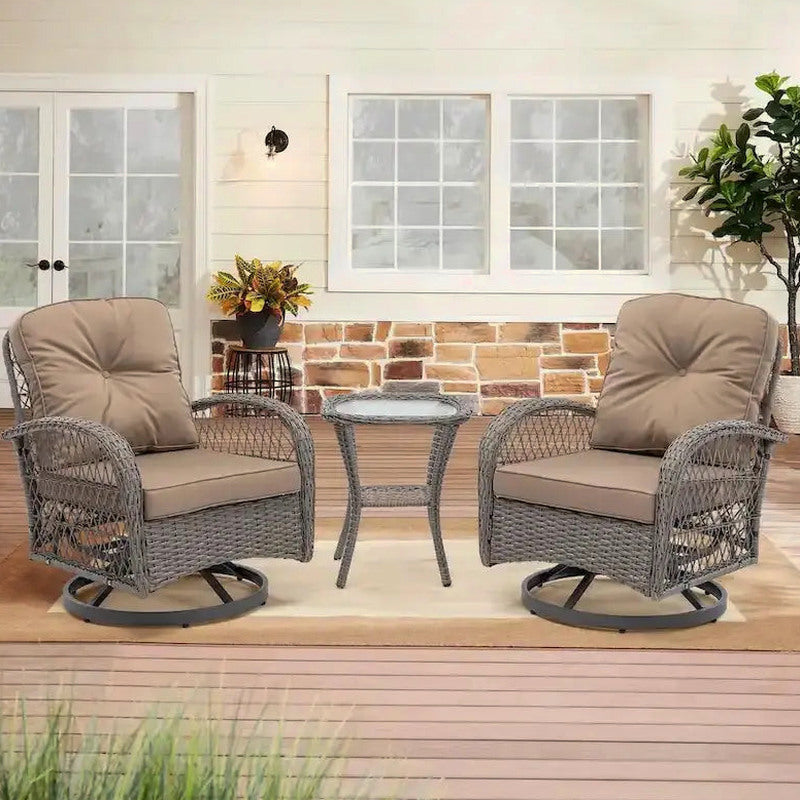 3-Piece Outdoor Swivel Rocker Conversation Set With Tempered Glass Coffee Table