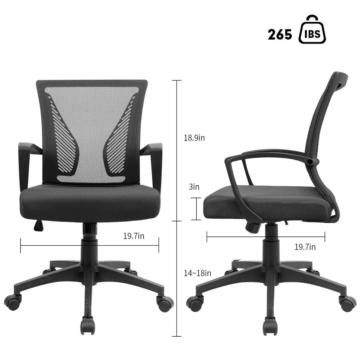 Ergonomic Mesh Mid-Back Office Chair With Adjustable Lumbar Support, 300 lbs Capacity