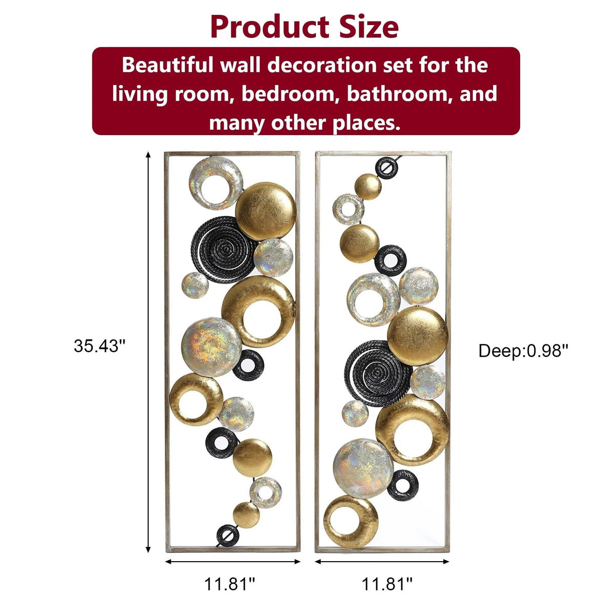 Modern Abstract Metal Wall Decor Panels, Set Of 2, Gold Silver And Black