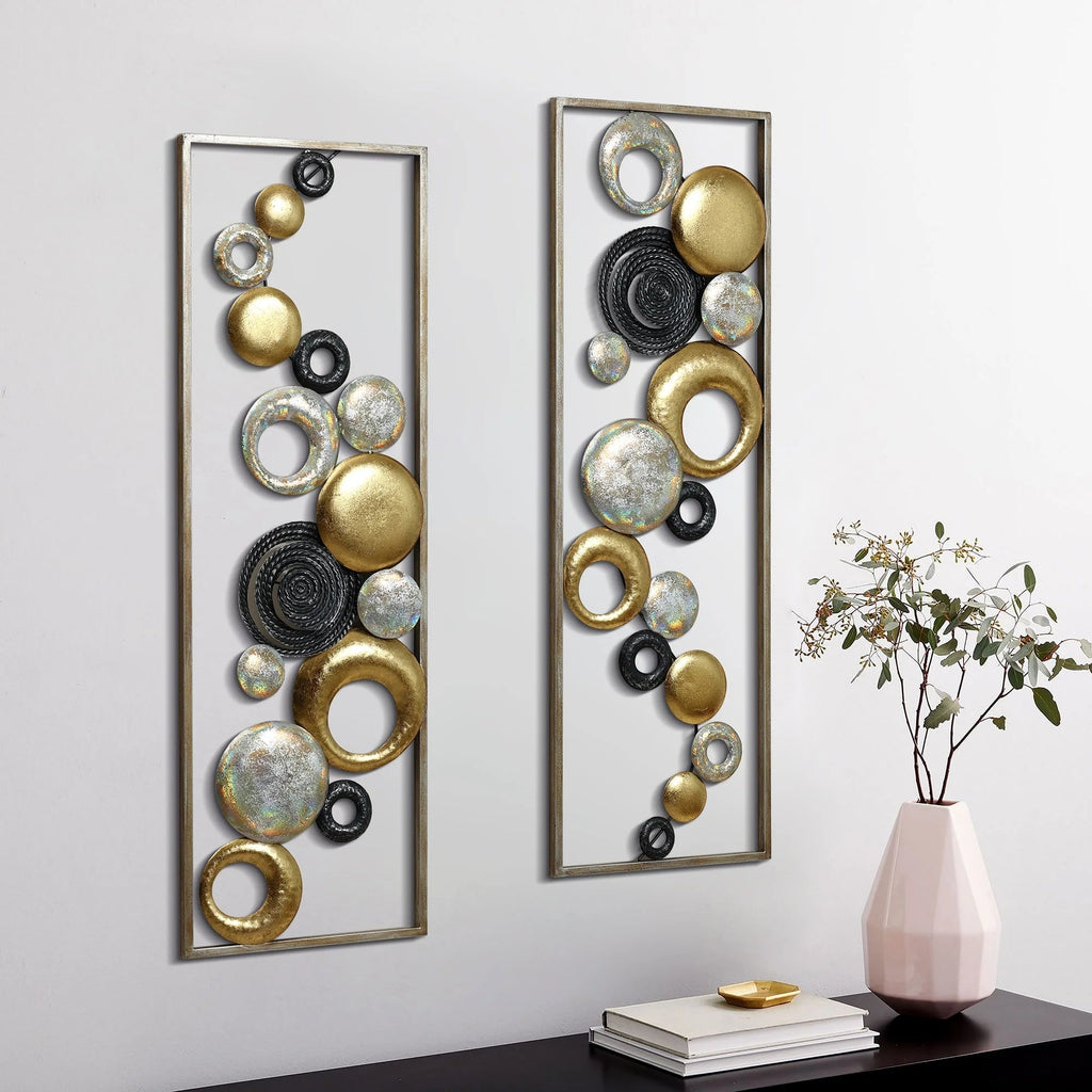 Modern Abstract Metal Wall Decor Panels, Set Of 2, Gold Silver And Black