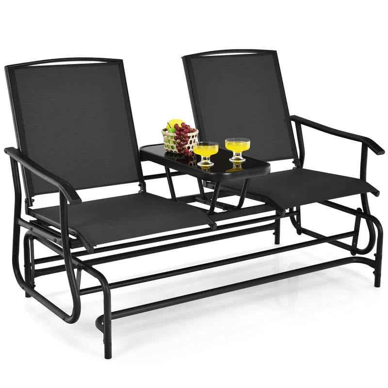 2-Person Outdoor Bench Glider Chair With Center Table, Mesh Fabric, 57 x 28 x 38 in