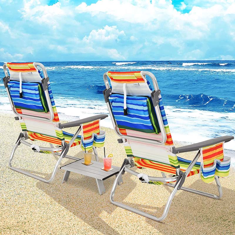 2-Pack 5-Position Outdoor Folding Backpack Beach Chairs With Side Table Set