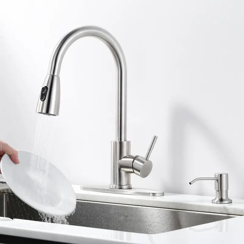 IVIGA Single-Handle Pull-Out Sprayer Kitchen Faucet With Deckplate And Soap Dispenser, Brushed Nickel - VSK03-S