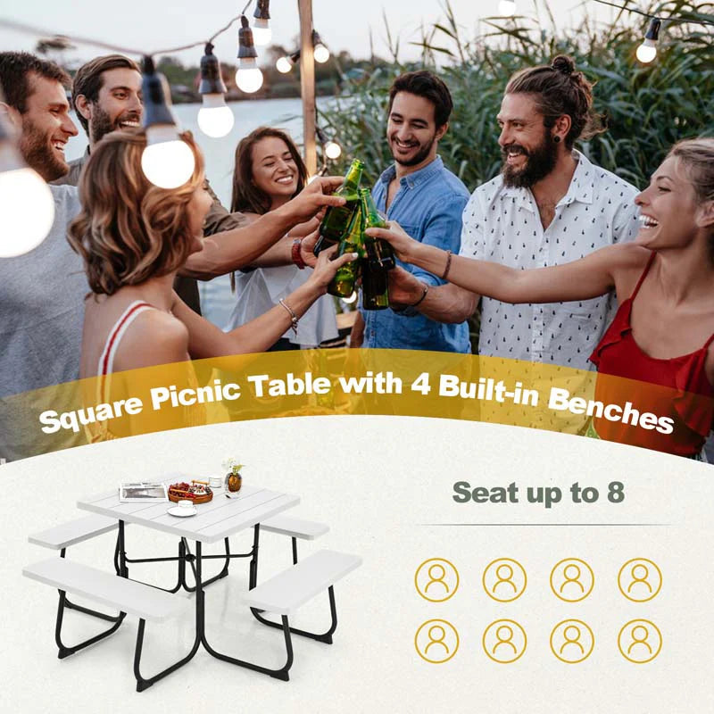 8-Person Outdoor HDPE Square Picnic Table And Bench Set, 67in x 67in x 30in, Metal Frame