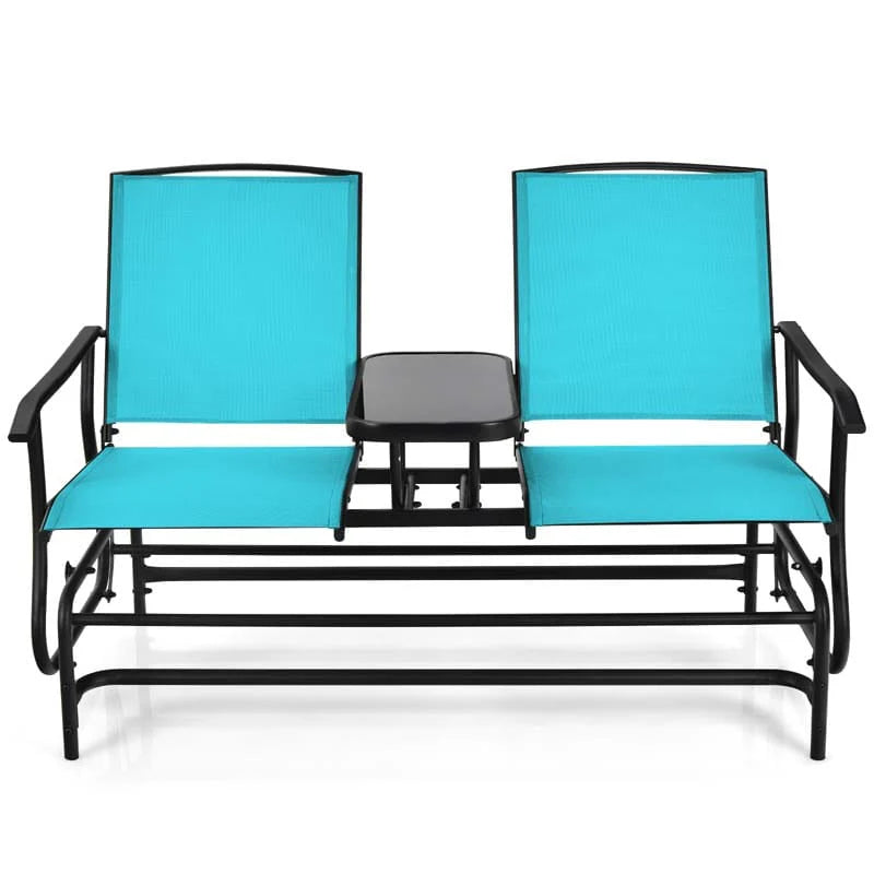 2-Person Outdoor Bench Glider Chair With Center Table, Mesh Fabric, 57 x 28 x 38 in