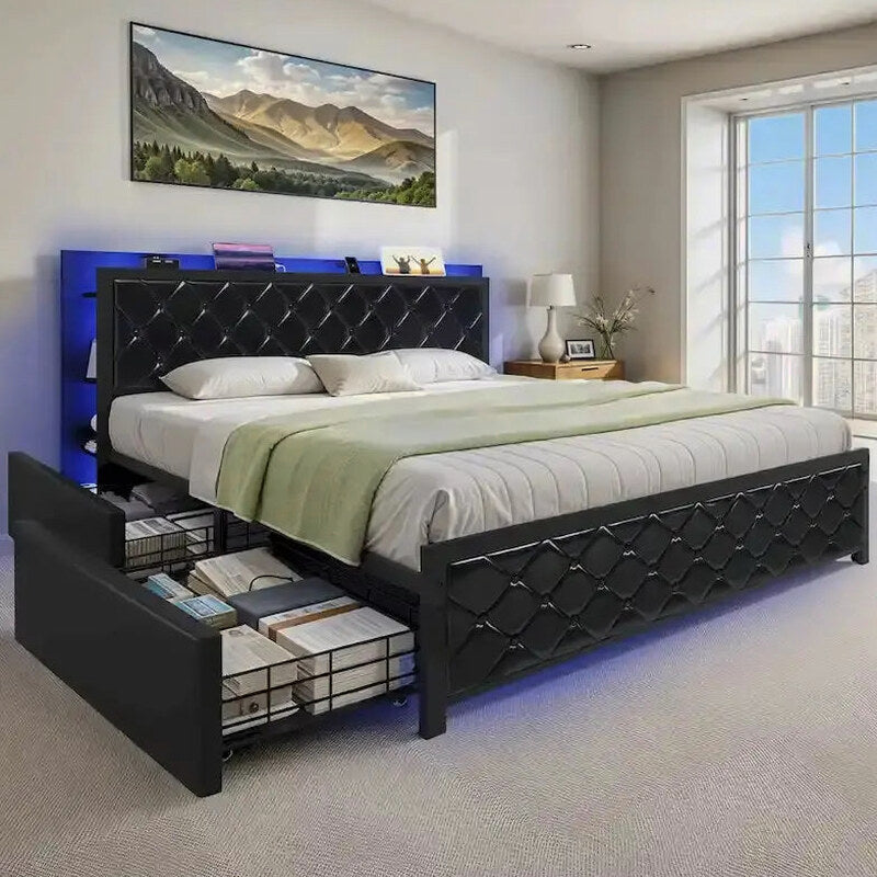 Moasis Queen Upholstered Faux Leather Platform Bed Frame With Headboard, 4 Storage Drawers, RGB LED Lights, USB-C Charging Ports - Black