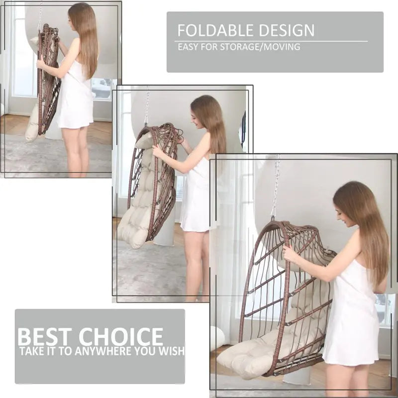 Nicesoul Foldable PE Wicker Hanging Egg Chair With Stand, Cushion And Pillow, 350 lb - Brown