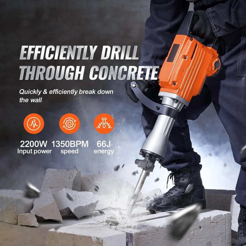 KFFKFF Demolition Jack Hammer 2200W 1400 BPM With 6 Chisel Attachments - JH-65