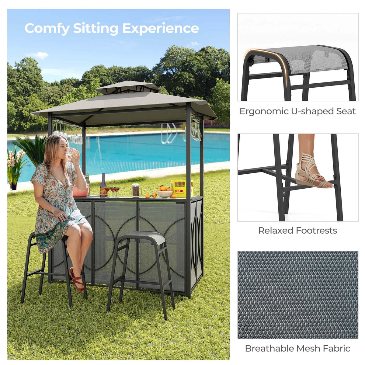 Costway 3-Piece Grill Gazebo Bar Set With 2 Bar Stools And Tempered Glass Top - Grey