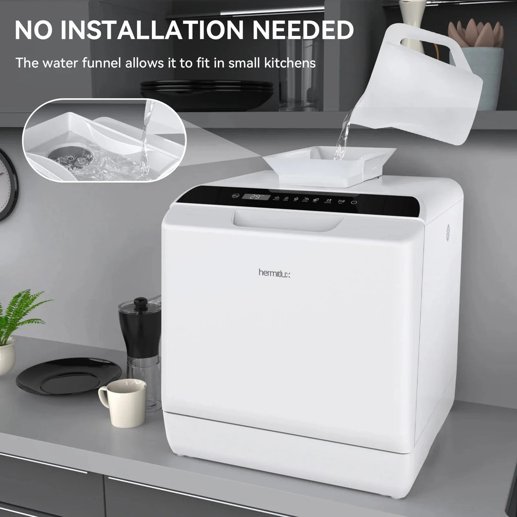 Hermitlux Portable Countertop Dishwasher, 5L Built-In Water Tank, 4 Place Settings - HMX-DW03