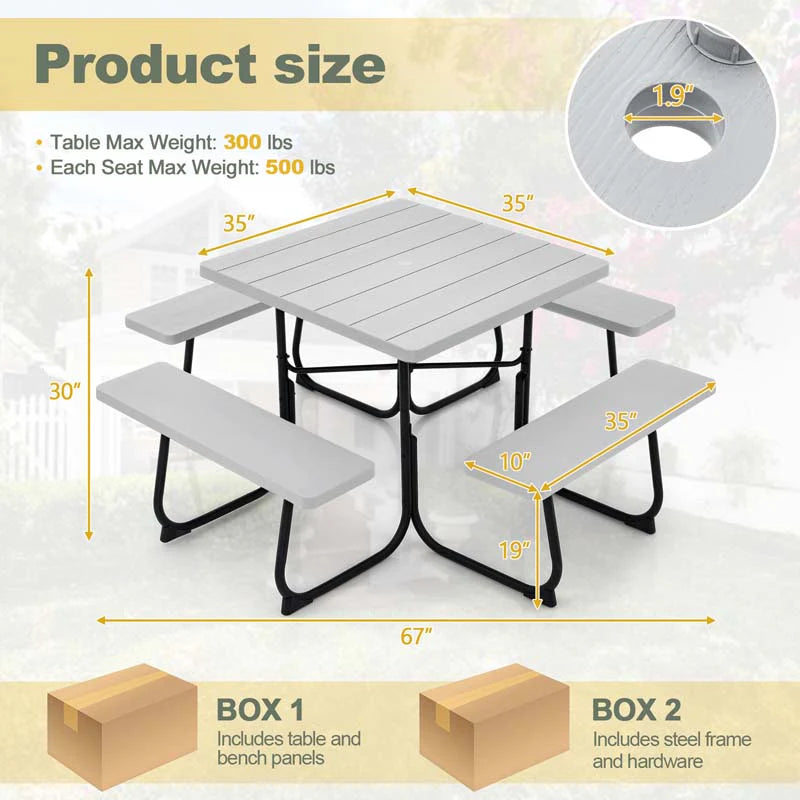 8-Person Outdoor HDPE Square Picnic Table And Bench Set, 67in x 67in x 30in, Metal Frame