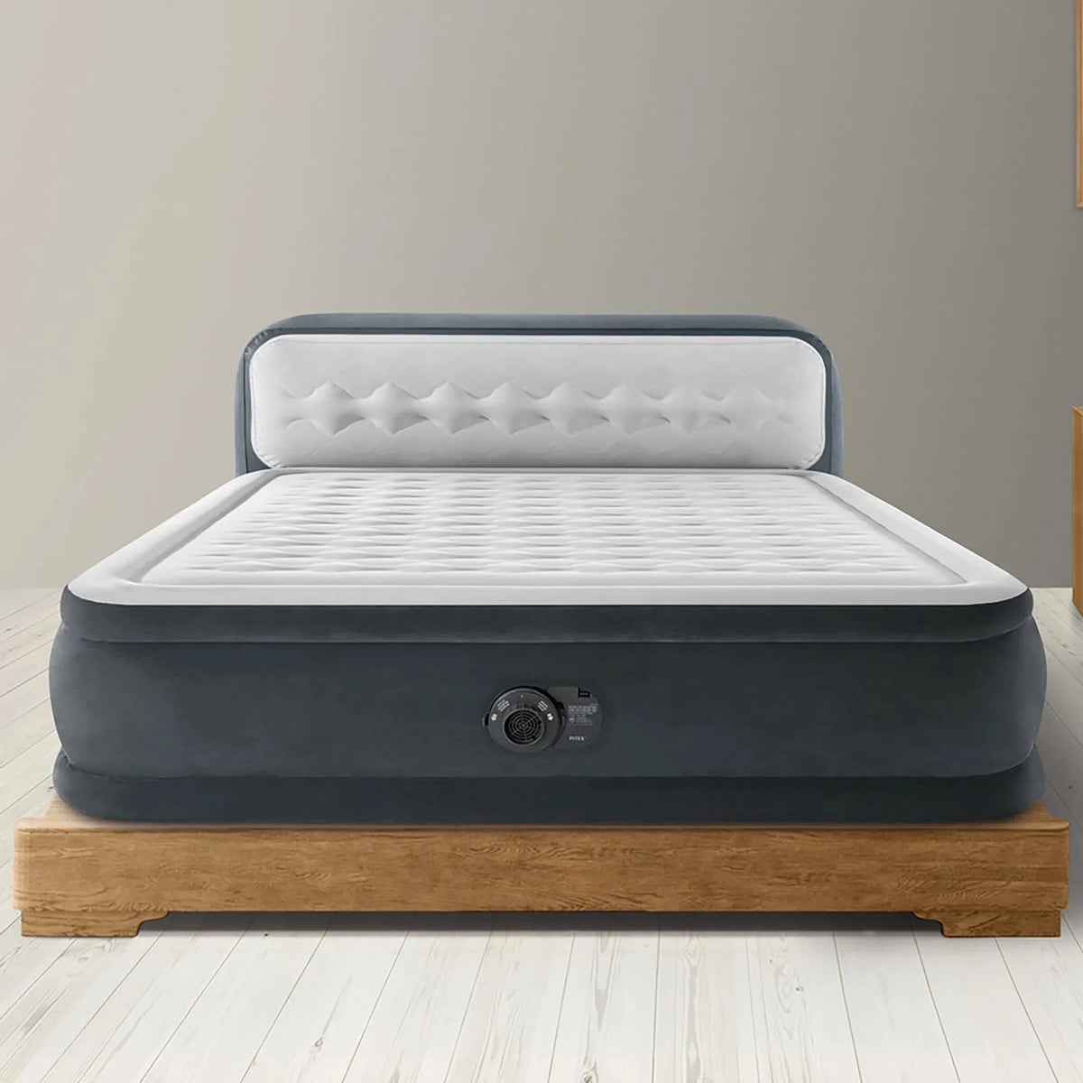 Intex Dura-Beam Deluxe Ultra Plush Headboard Queen Airbed, Gray, 18in, Built-In Pump - 64447ED