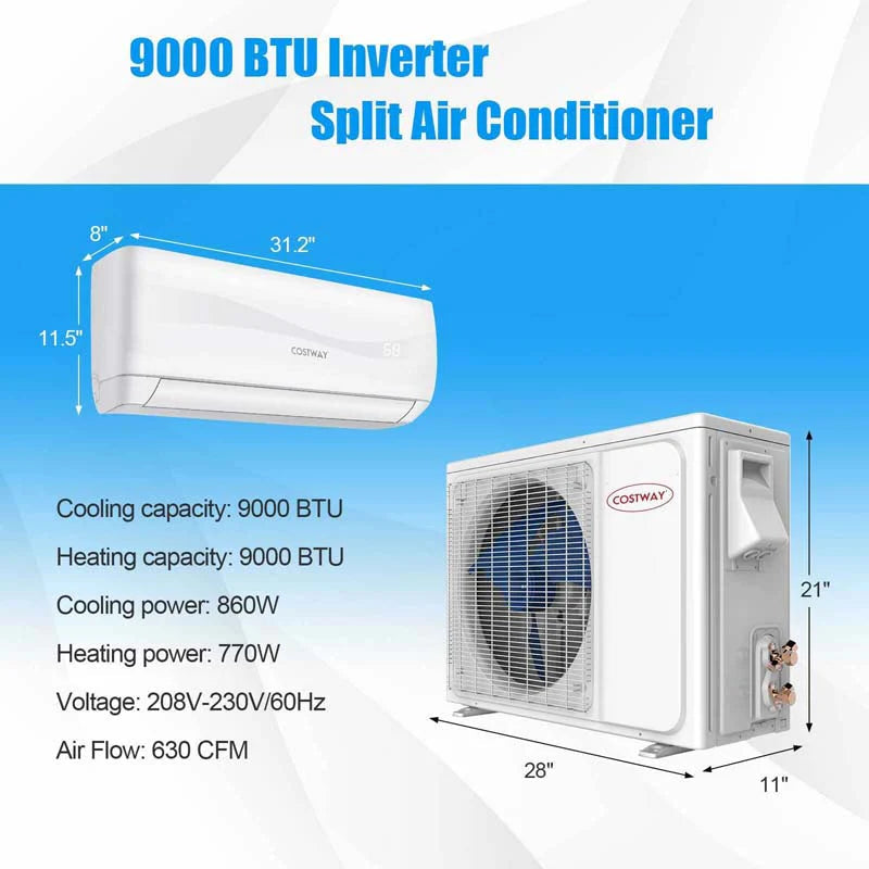 9000 BTU 17 SEER2 Ductless Mini Split Air Conditioner And Heater, 208-230V - White