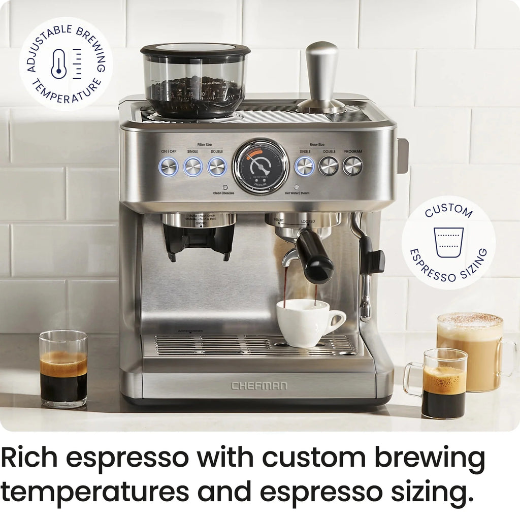 Chefman Crema Supreme Espresso Machine With Conical Burr Grinder And Steam Wand, Stainless Steel - RJ54-G-SS