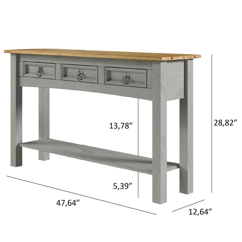 Solid Pine Wood Console Table With 3 Drawers - 47.99in W x 12.64in D x 28.82in H