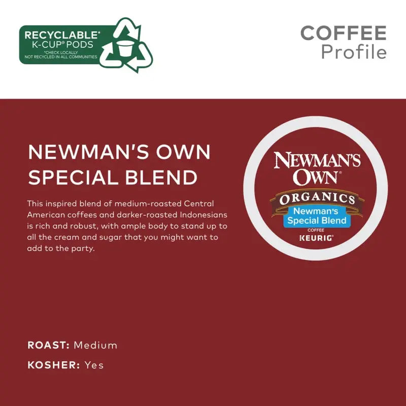 Newman's Own Organics Special Blend Coffee K-Cup Pods, 100 ct, USDA Organic, Fair Trade Certified