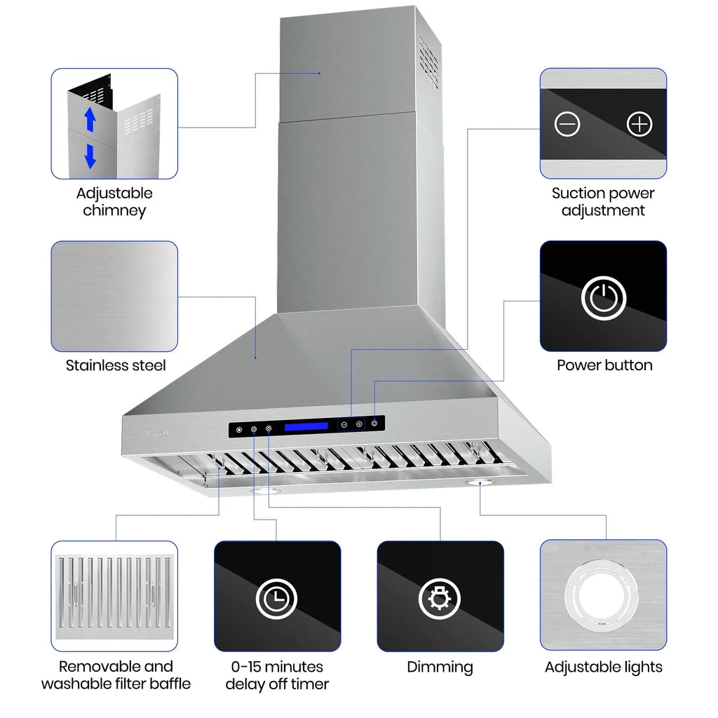 EKON KITCHEN EXPERT 36 Inches Stainless Steel Convertible Wall Mount Range Hood With Charcoal Filter And Remote Control - NAP04-36