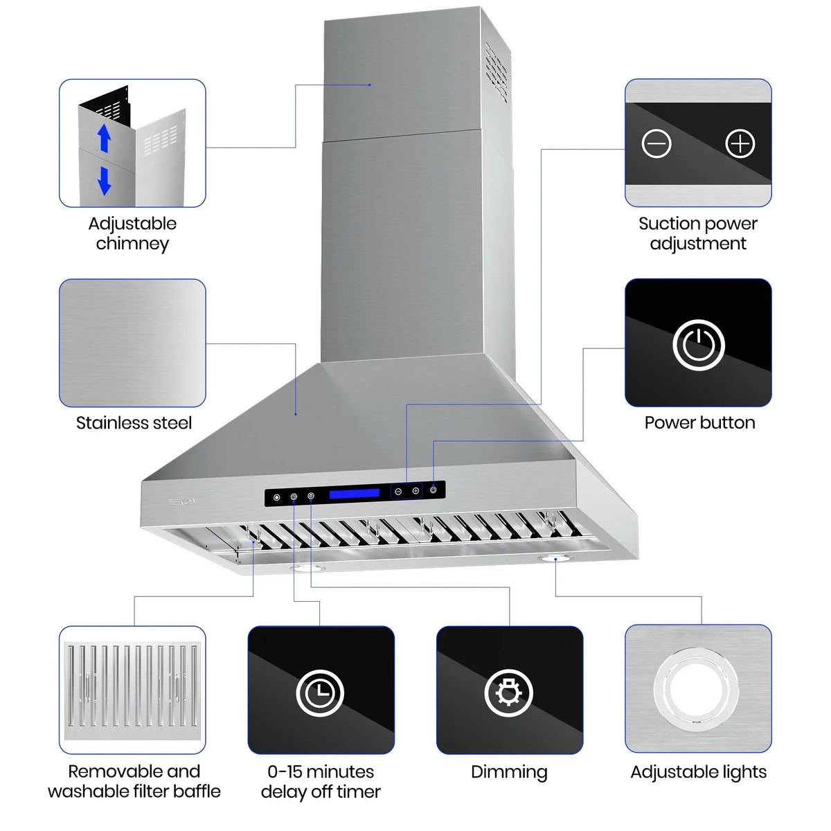 EKON KITCHEN EXPERT 36 Inches Stainless Steel Convertible Wall Mount Range Hood With Charcoal Filter And Remote Control - NAP04-36