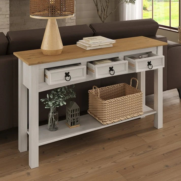 Solid Pine Wood Console Table With 3 Drawers - 47.99in W x 12.64in D x 28.82in H