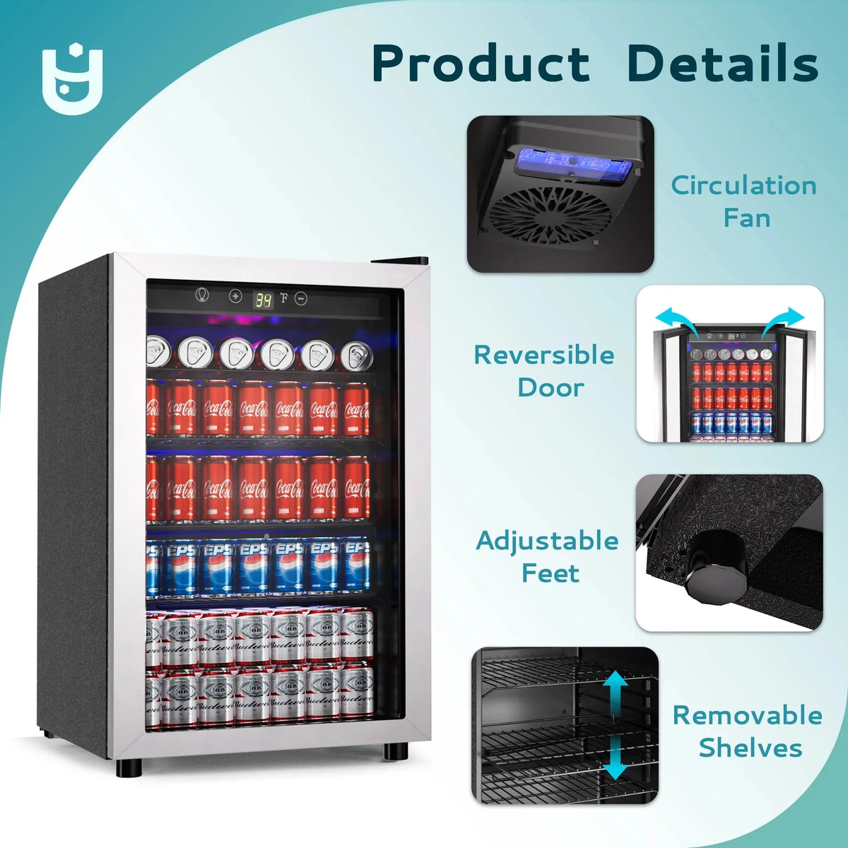 EUHOMY Beverage Refrigerator Cooler, 4.5 Cu.Ft., 145 Can, Glass Door