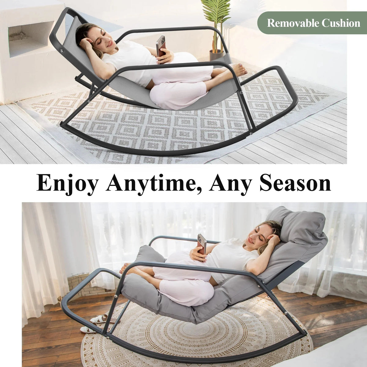 RADIATA Oversized Wicker Papasan Rocking Recliner With Footrest, 450 lbs, Beige