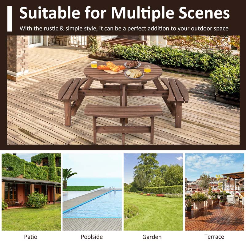8-Person Outdoor Fir Wood Round Picnic Table Set With 4 Benches And Umbrella Hole - 70.5 x 70.5 x 27.5 in