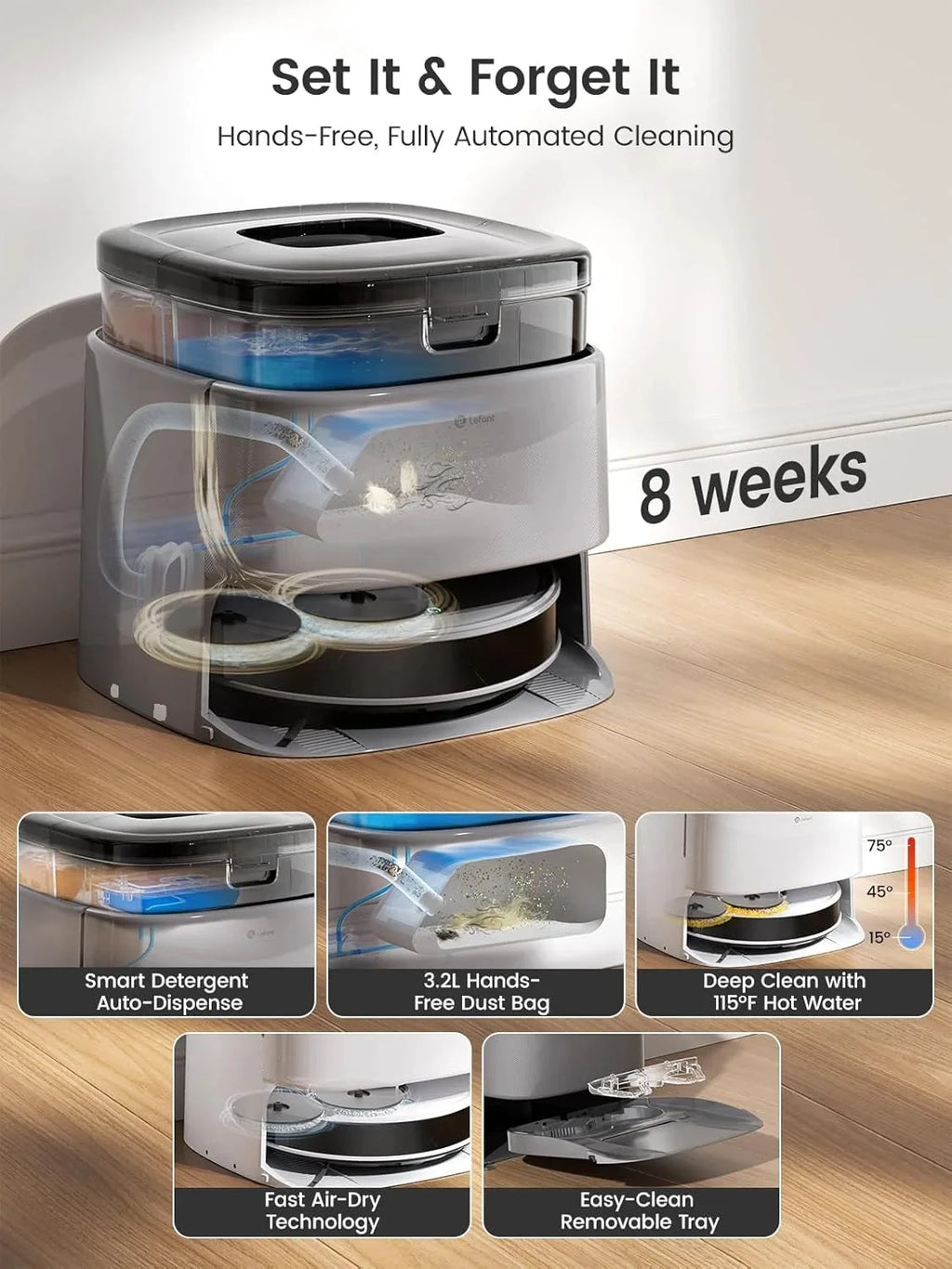 Lefant Robot Vacuum And Mop, 12000Pa Suction, All-In-One Base Station, Dual Spinning Mops - M3L