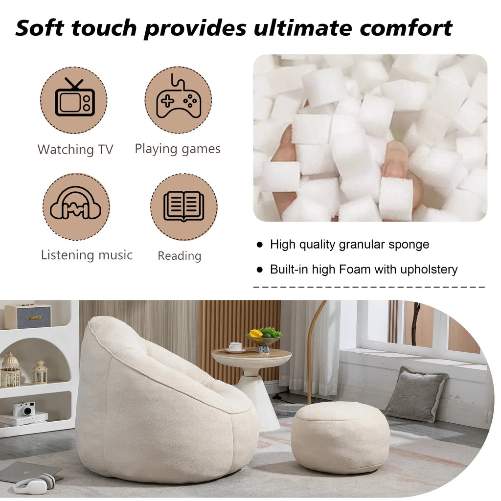 MOONMISS Microfiber Upholstered Round Bean Bag Sofa Chair With Ottoman - Gray