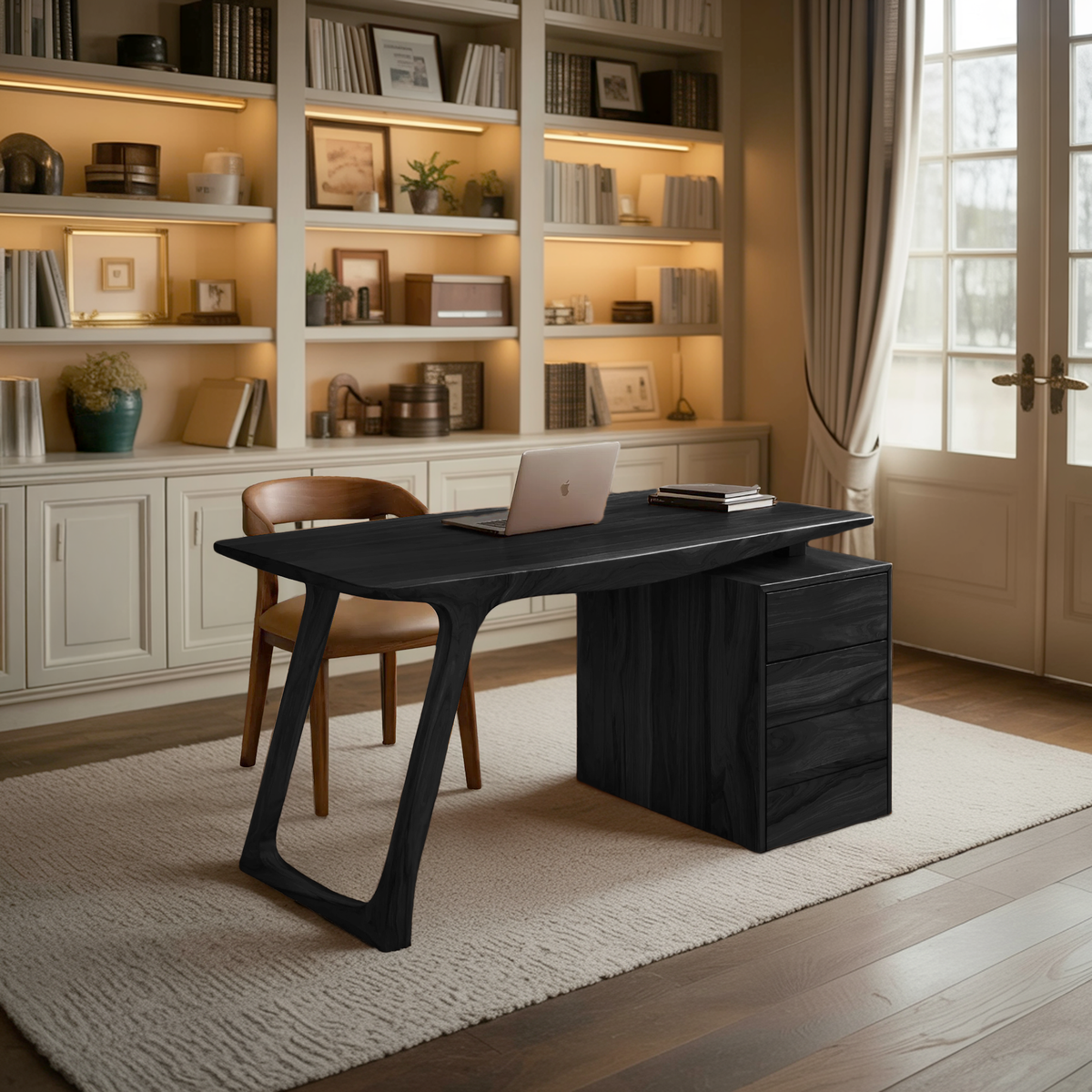 Contemporary Live Edge Office Desk With Storage Cabinet For Workspace - view 4