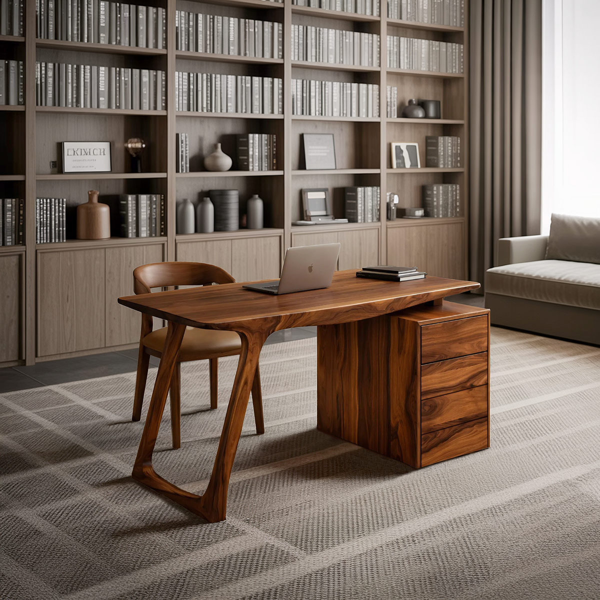 Contemporary Live Edge Office Desk With Storage Cabinet For Workspace - view 6