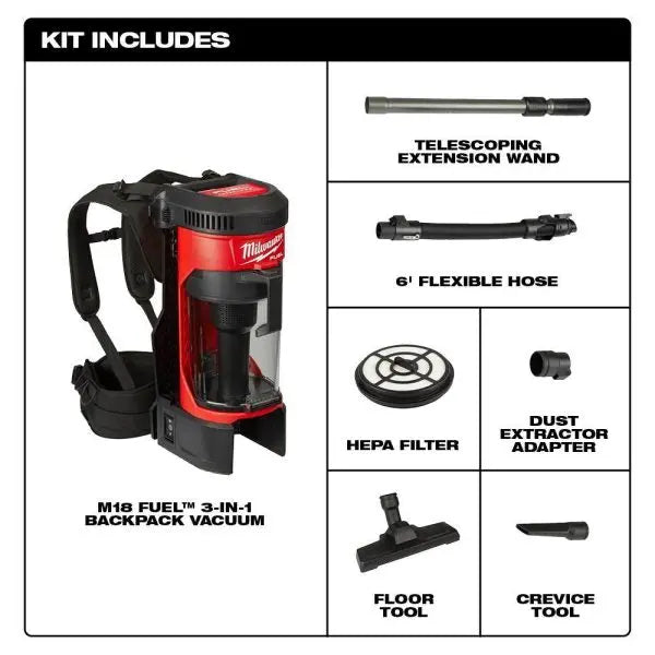 Milwaukee M18 FUEL 1-Gallon Backpack Vacuum, 3-in-1 Design, 5.0Ah Battery - 0885-20-48-11-1850