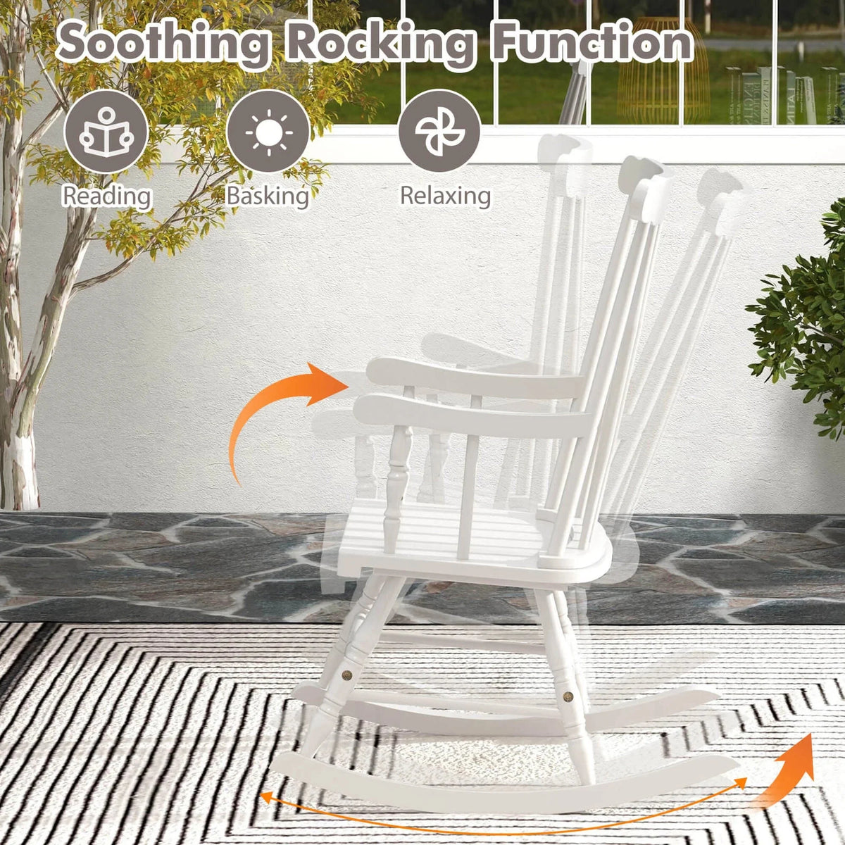 Costway Rubber Wood Rocking Chair, White, 22 x 32 x 44 in, 300 lbs