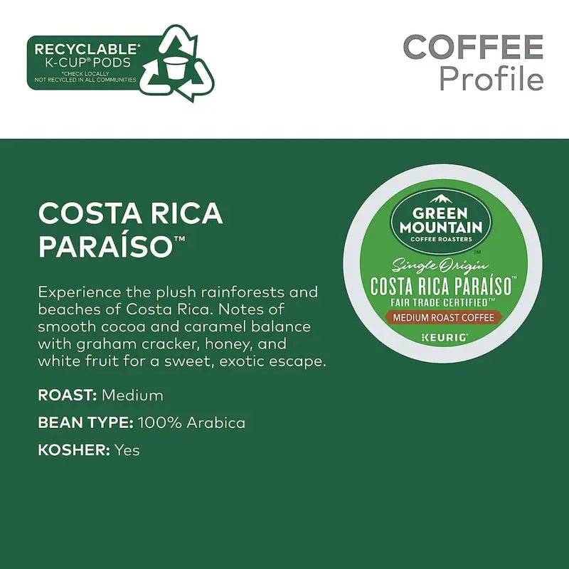Green Mountain Costa Rica Paraiso Medium Roast Coffee K-Cup Pods, 96 Count Pack Of 4