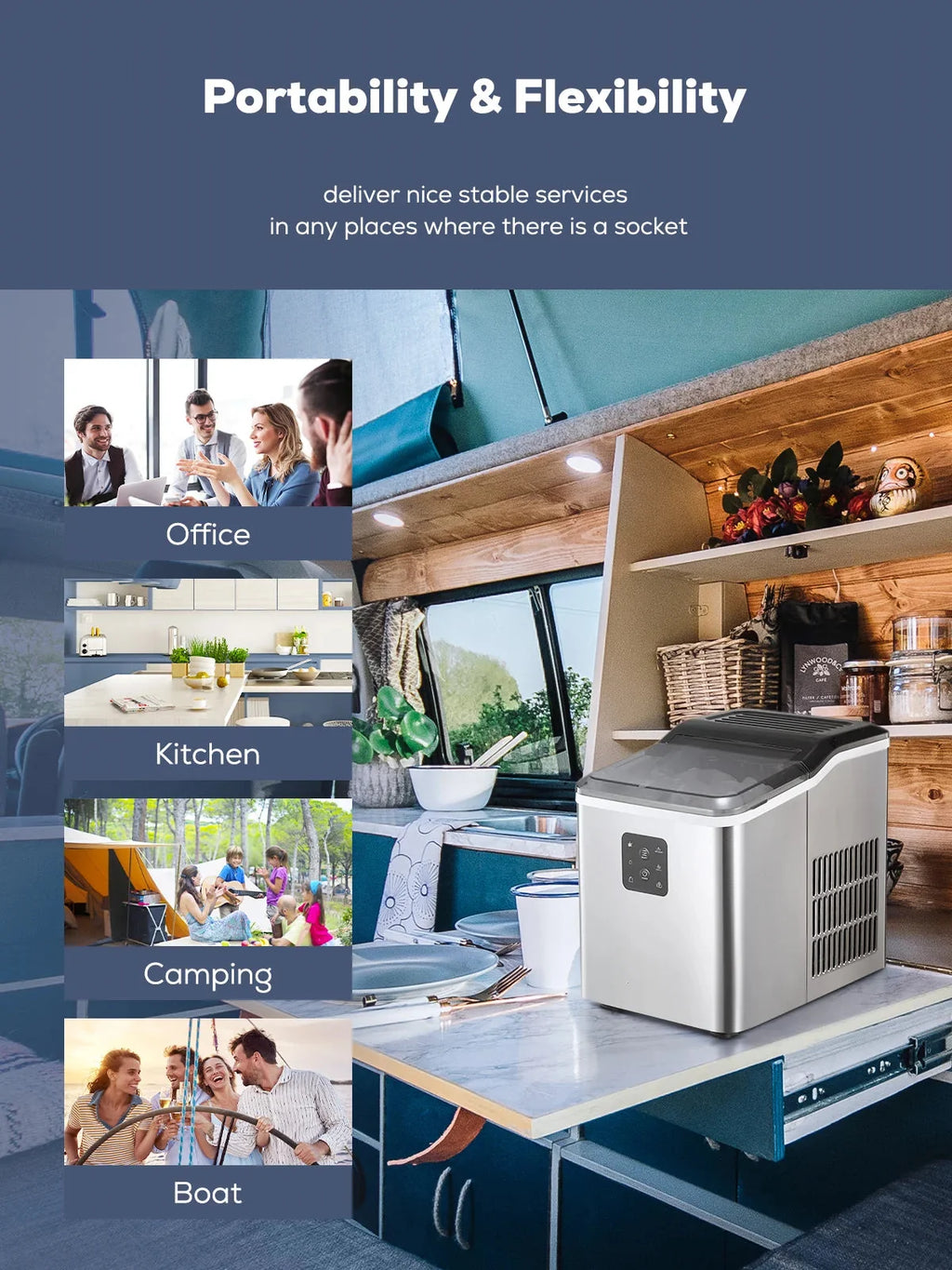 FOHERE Stainless Steel Countertop Ice Maker, 30lbs in 24h, 9 Bullet Cubes in 5 Mins, 2 Sizes, Self-Clean