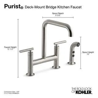 KOHLER Purist 2-Handle Bridge Kitchen Faucet With Side Sprayer, Matte Black - K-7548-4-BL