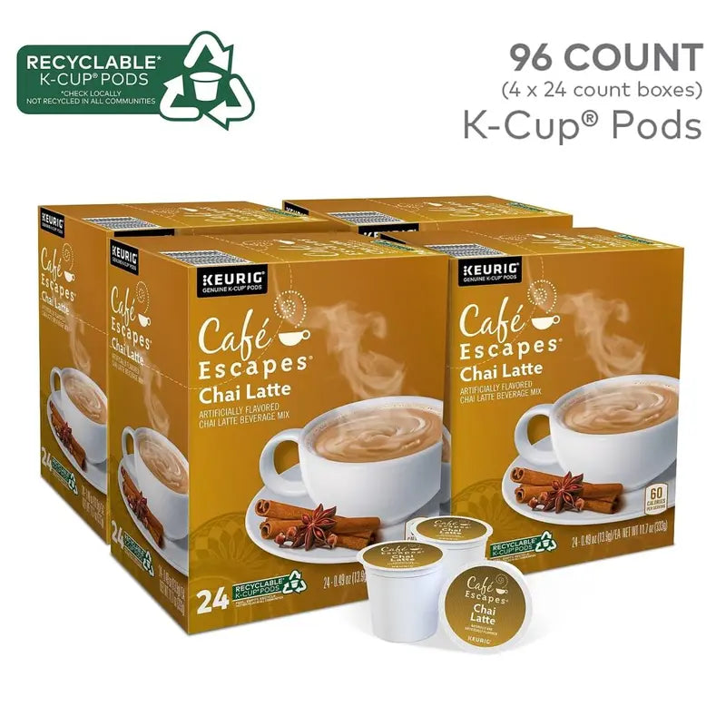 Cafe Escapes Chai Latte K-Cup Pods, 96 Count - Keurig Compatible