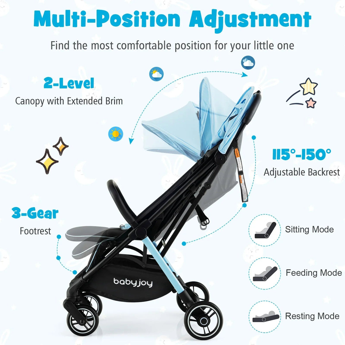 Compact Travel Stroller With Adjustable Backrest, Canopy And 7 kg Weight - 6-36 Months