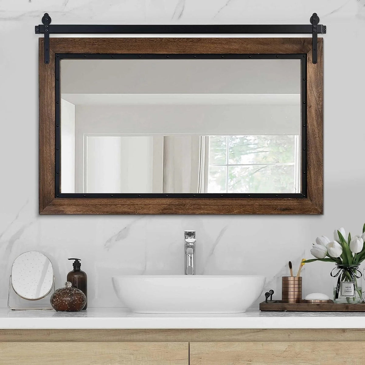 Farmhouse Barn Door Style Bathroom Vanity Mirror, Natural Wood, 24in W x 32in H x 1.25in D to 48in W x 30in H x 1.25in D