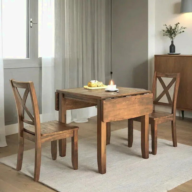 3-Piece Drop-Leaf Wood Dining Table Set With 2 X-Back Chairs - Brown