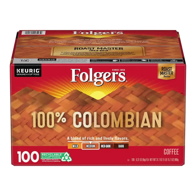Folgers 100% Colombian Medium Dark Roast Coffee K-Cups, 100 Count - Keurig Compatible