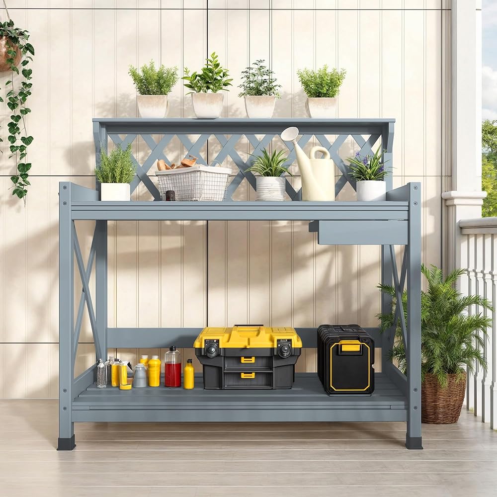 Gray Outdoor Gardening Potting Bench With Storage Drawer