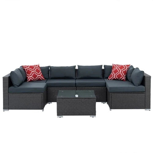 SESSLIFE 7-Piece Wicker Patio Sofa Set With Glass Coffee Table - Brown Rattan Beige Cushions