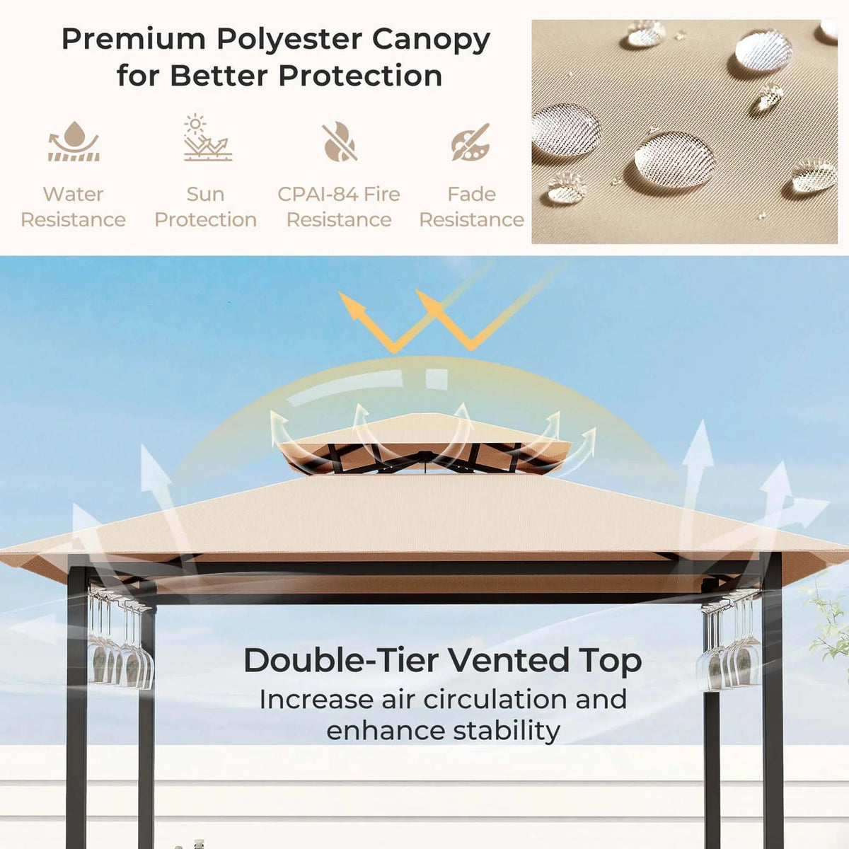 Costway 3-Piece Grill Gazebo Bar Set With 2 Bar Stools And Tempered Glass Top - Grey